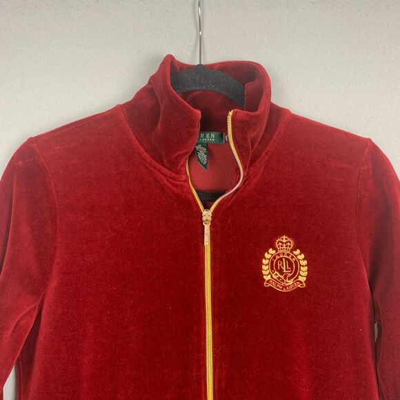 Lauren Ralph Lauren Women’s Medium Velvet Crest Zip Jacket Rich Red Glam Street - Picture 12 of 13